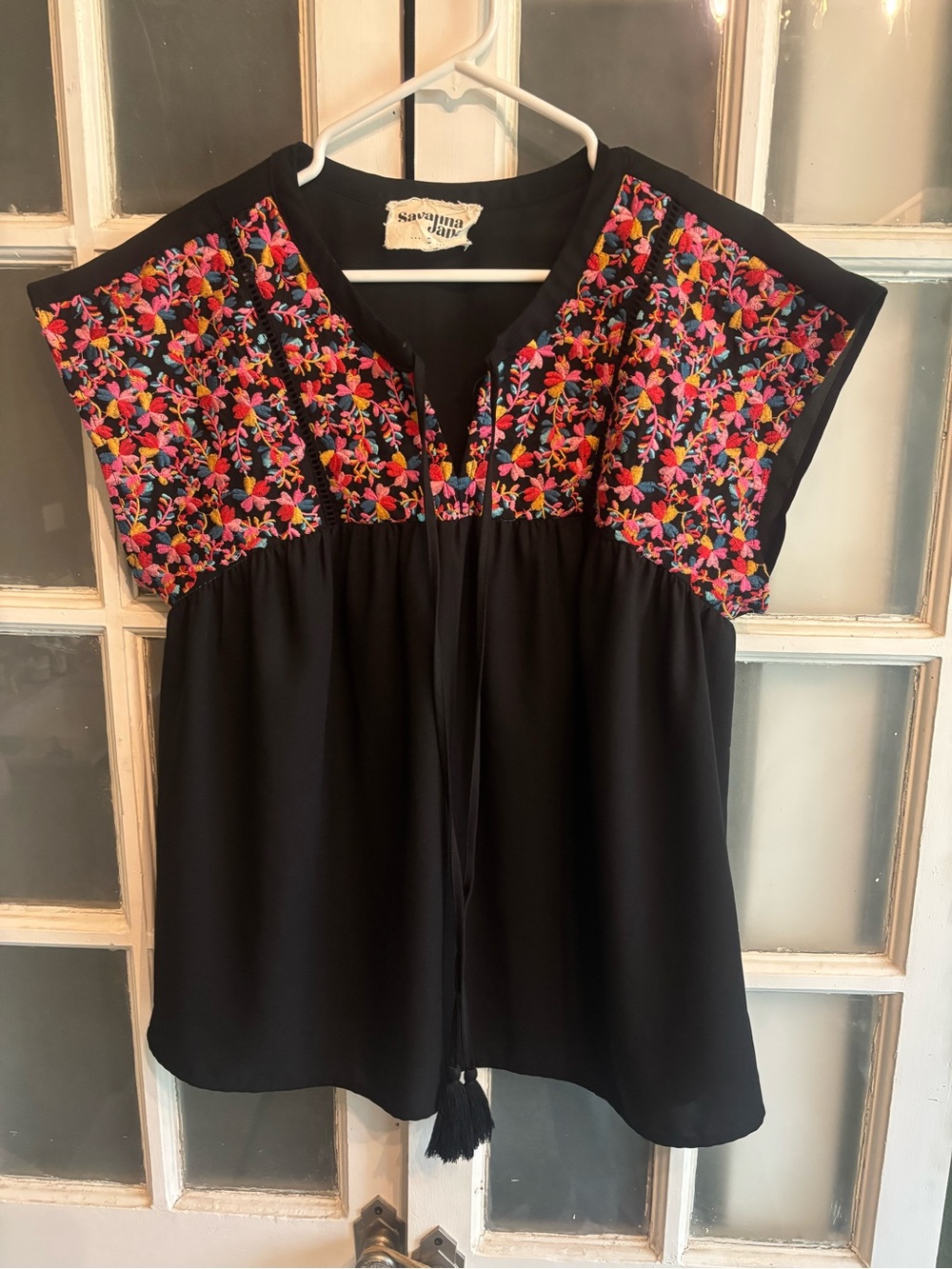 Savanna Jane Black Peasant Blouse with Multicolor Floral Embroidery